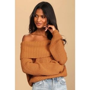 Lulu's Carmichael Light Brown Off-the-Shoulder Knit Sweater, Size S
